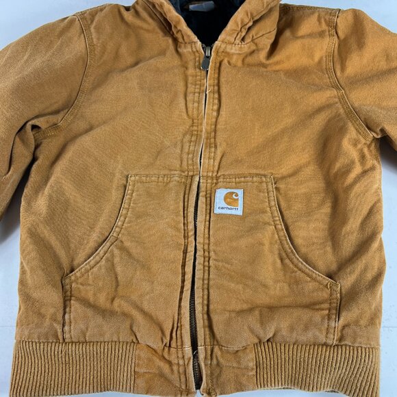Carhartt Duck Canvas Quilted Jacket Youth Small 7-8 Tan Full Zip Hooded Bomber - Picture 4 of 16